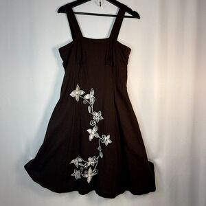 City Bird Layered Floral‎ Cut-Out A-Line Linen Dress Chocolate Womens 14